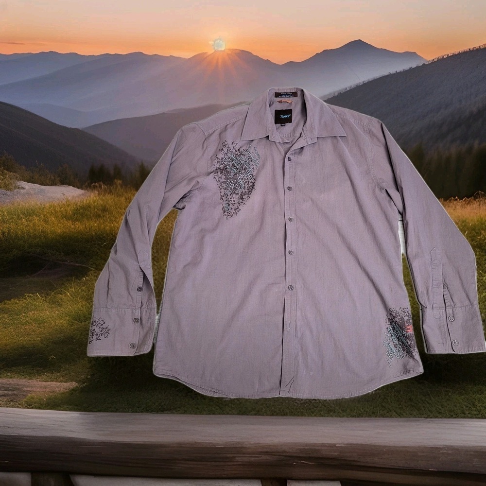 Roar Poplin Douce Shirt Mens XL Light Gray Embroidered‎ Button Up Long Sleeve